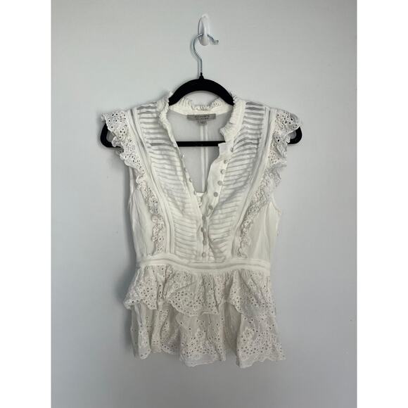 ALLSAINTS Tops - AllSaints Eyelet‎ Ruffle Sleeveless Blouse Women 4 White Boho Peplum Top